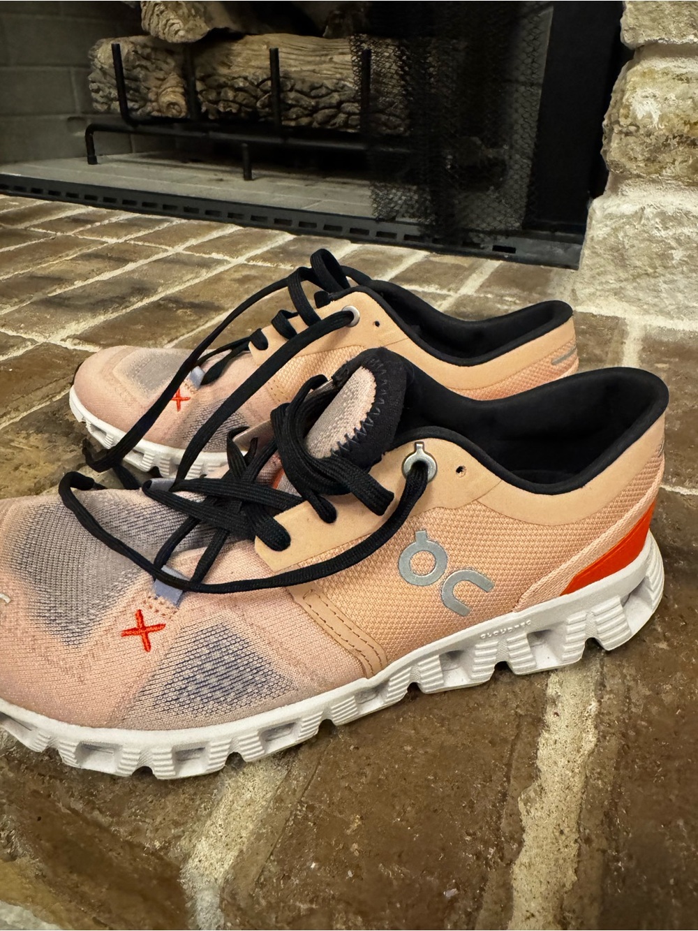 On Running Peach and Black Women's Athletic Shoes
